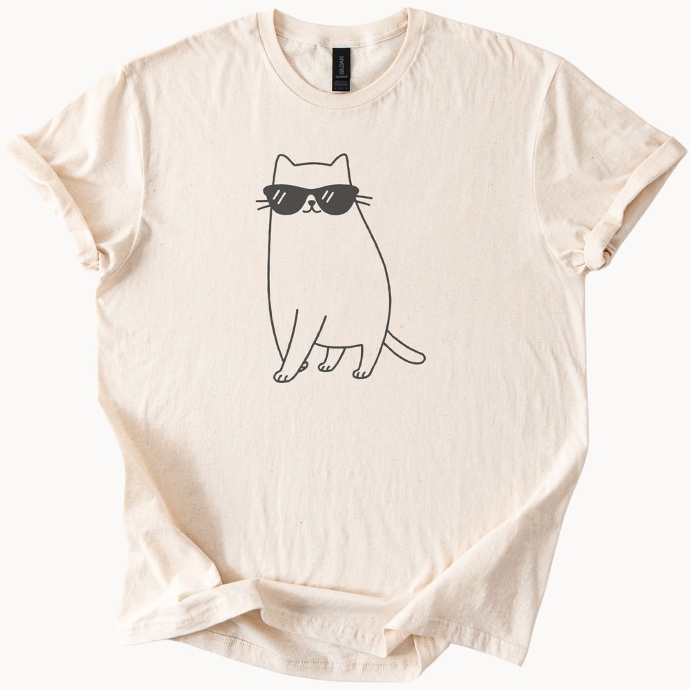 Cool Cat Sunglasses Graphic Tee Minimalist Line Art
